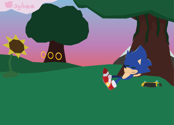 A drawing of Sonic the Hedgehog, laying in an open field by a tree. Next to him there is the Miles Electric tablet, and there are some rings and a sunflower in the background as well as a big tree. wowee i love sonic!