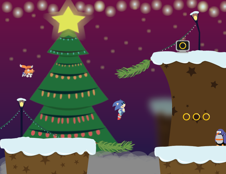 vector drawing of sonic and tails in a christmas themed zone, with a giant christmas tree in the background. there is a single penguinator badnik in the scene, and two streetlamps, each with string lights hanging off of them going into the ground. there are also christmas tree-like branches protruding from the ground, one of which sonic is bouncing off of in order to reach higher ground.