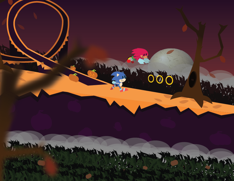 sonic and knuckles in a halloween themed zone, with a giant purple and orange loop in the background. there is also a large foggy forest in the background, with the moon as well. there is also a tree right in front of the camera, and many vines in front of the ground