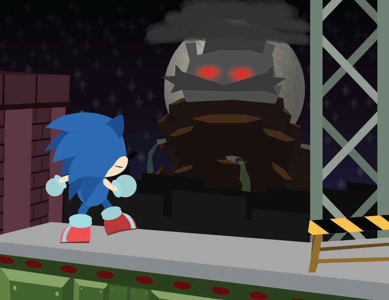 sonic in starlight zone, facing towards a suspiciously eggman shaped version of scrap brain zone, from Sonic 1