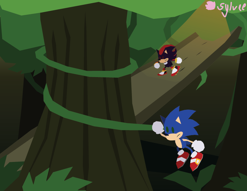 A drawing of Sonic and Shadow the Hedgehog both in a forest with large trees, vines and other similar foliage. Sonic is swinging on a vine connected to a tree, while Shadow is skating down a log tube of sorts.